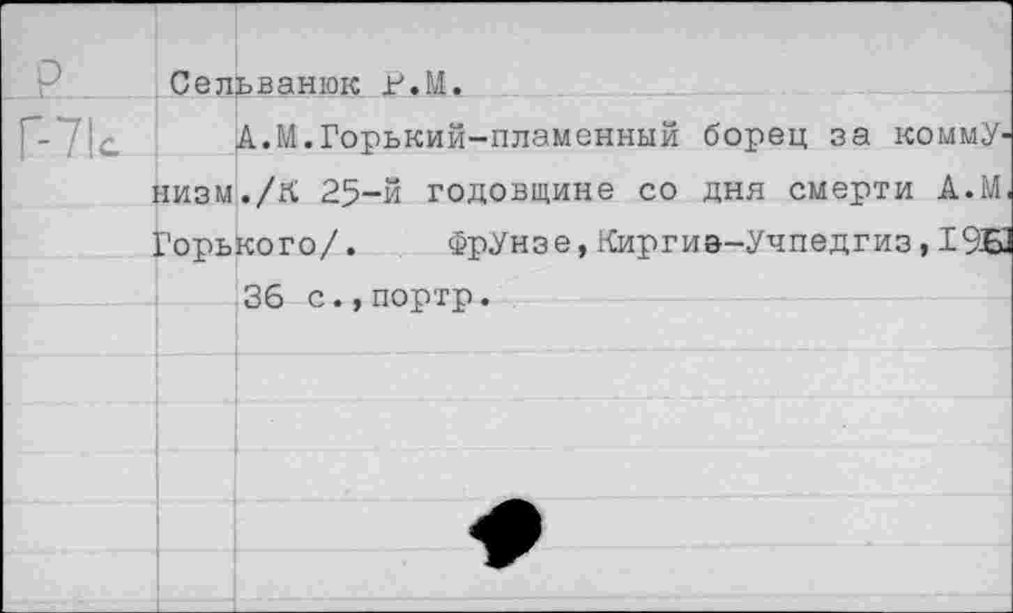 ﻿С ель ванюк г’.М
А.М.Горький-пламенный борец за коммунизм. /К 25-й годовщине со дня смерти А.М Горького/. Фрунзе,Киргиэ-Учпедгиз,19Б 36 с.,портр.